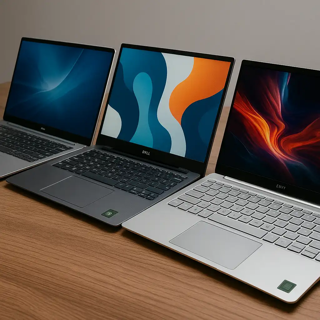 Three sleek 13-inch laptops with NVIDIA graphics sit open on a minimalist desk, bathed in natural daylight from a nearby window.