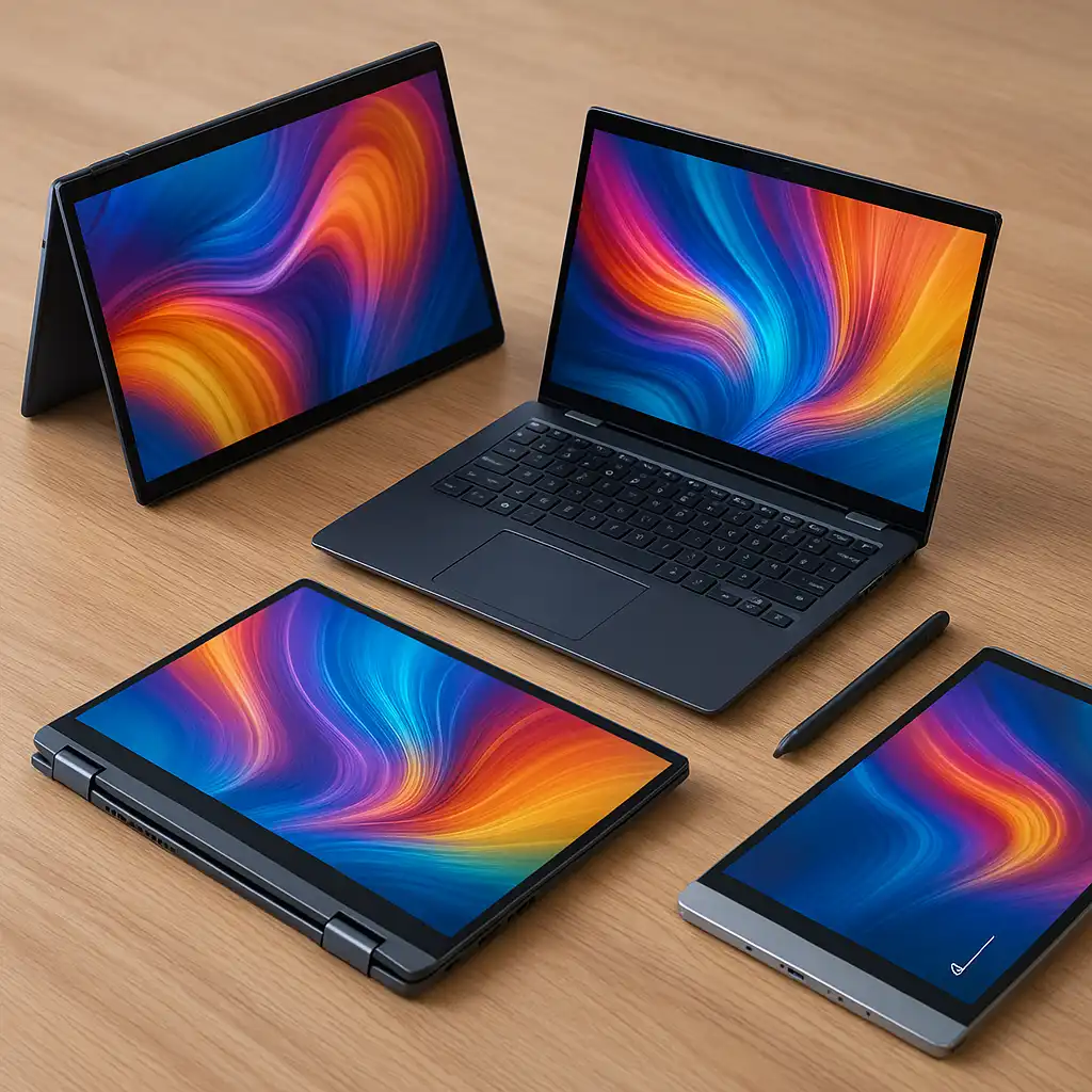 A high-resolution digital photograph displays three stylish 15-inch 2-in-1 laptops on a wooden desk, each with its screen flipped into different positions for tablet and tent modes, showcasing their versatility and sleek design.