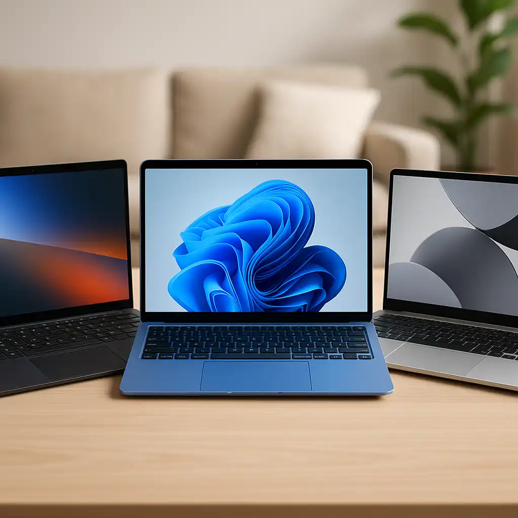 Three modern 15.6-inch laptops on a dark surface, one open displaying a vivid battery icon, highlighting devices known for long battery life.