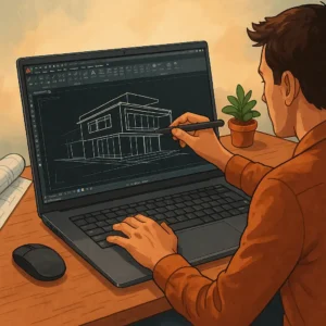 A young man with medium brown skin, glasses, and short dark hair works on a silver laptop, surrounded by abstract icons representing creativity and technology, set against a vibrant turquoise background with dark blue leaves.