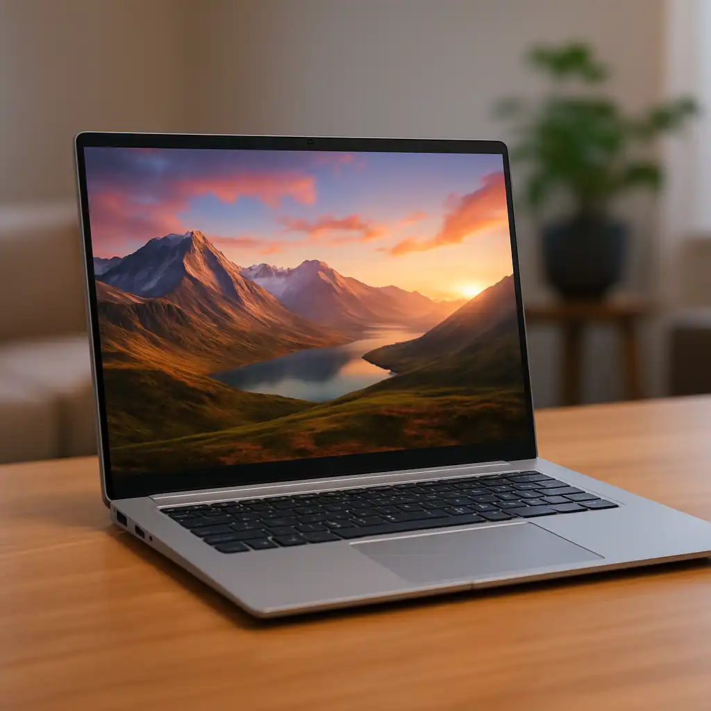 A modern 17-inch laptop on a desk beside a coffee cup, showcasing its slim design and long battery life in a bright, minimalist workspace.