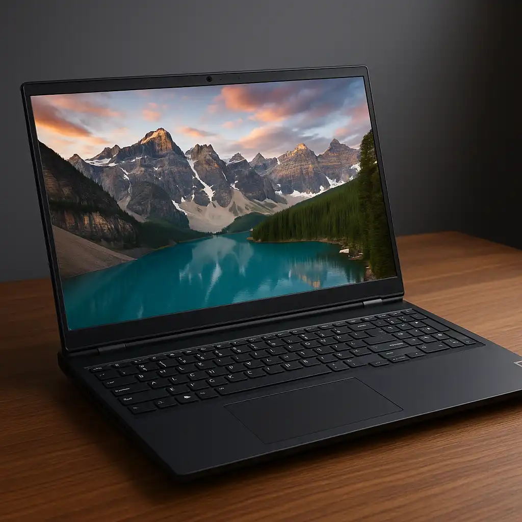 A high-resolution digital photograph showcases a Lenovo 17-inch laptop on a minimalist desk with soft ambient lighting.