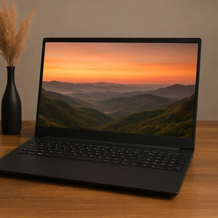 A digital photograph features a modern, sleek, 17-inch non-gaming laptop on a minimalist desk setup with soft natural lighting.