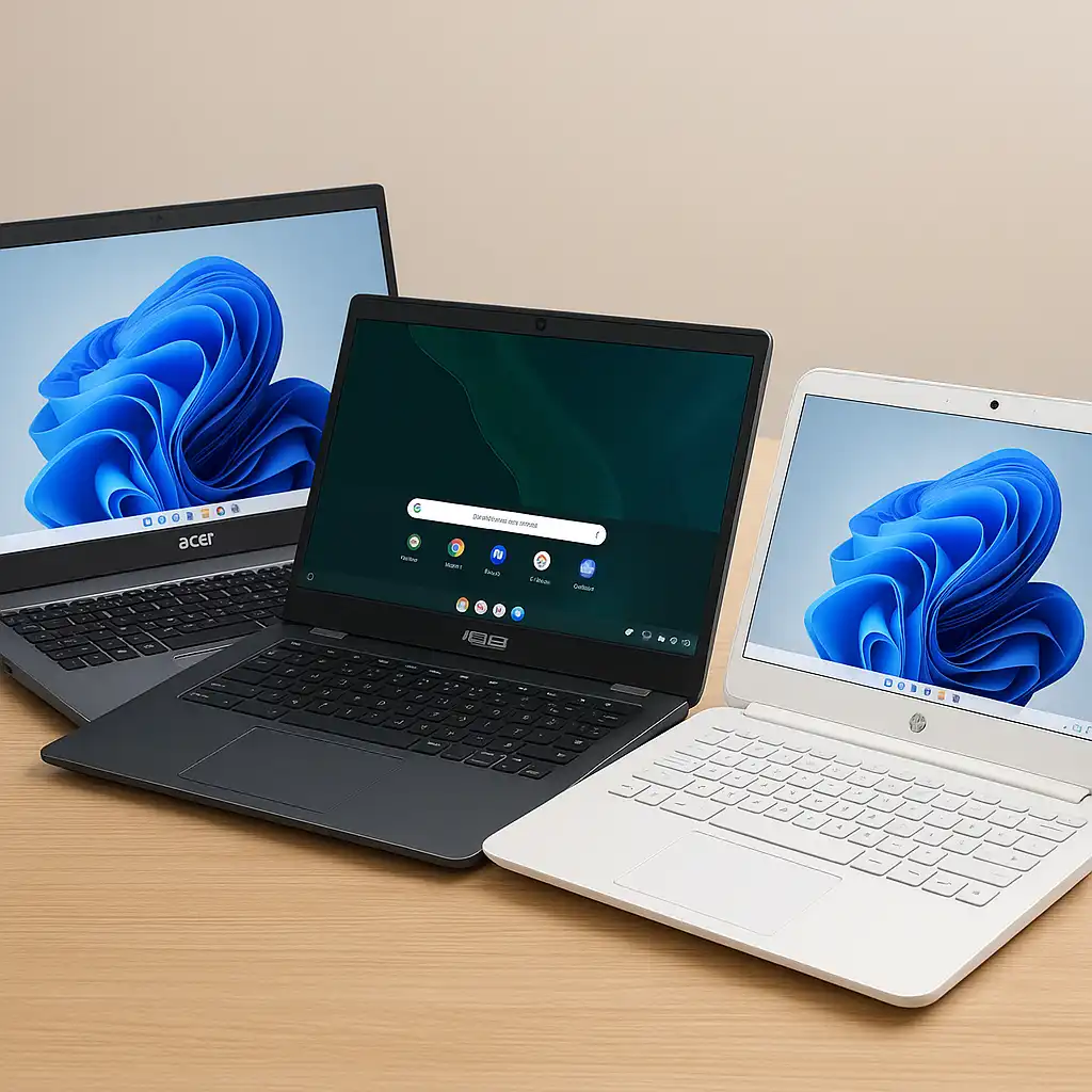 Three budget-friendly laptops on a wooden desk, each with sleek designs and open screens, under soft ambient lighting.