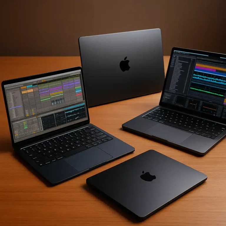 A digital photograph displays three Apple MacBook laptops on a minimalist studio desk, showcasing their sleek designs and modern build.