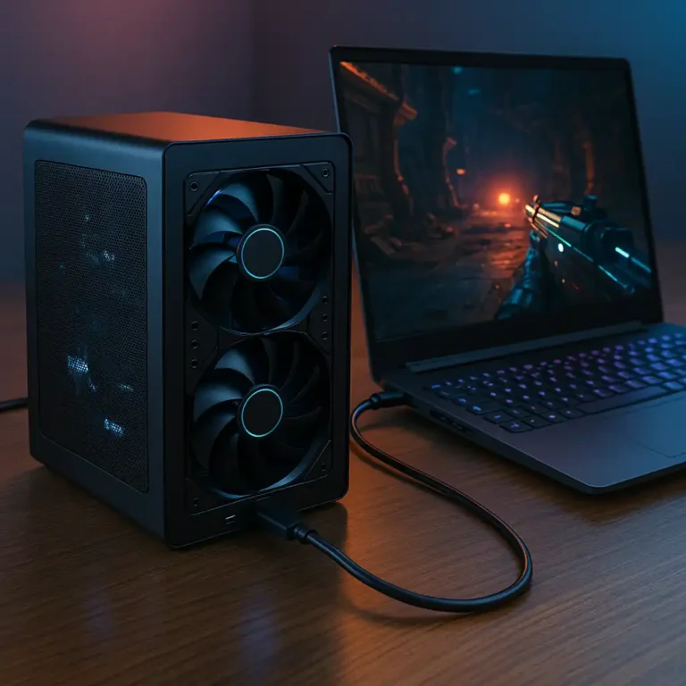 A gaming laptop connected to an external GPU enclosure on a desk, with RGB lighting illuminating both devices.