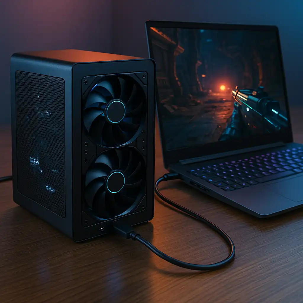 A gaming laptop connected to an external GPU enclosure on a desk, with RGB lighting illuminating both devices.