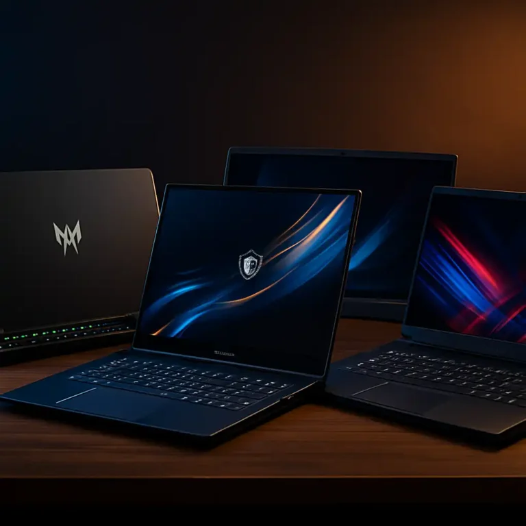 Three high-end gaming laptops displayed side by side on a dark desk, each showcasing vibrant RGB lighting and powerful cooling systems.