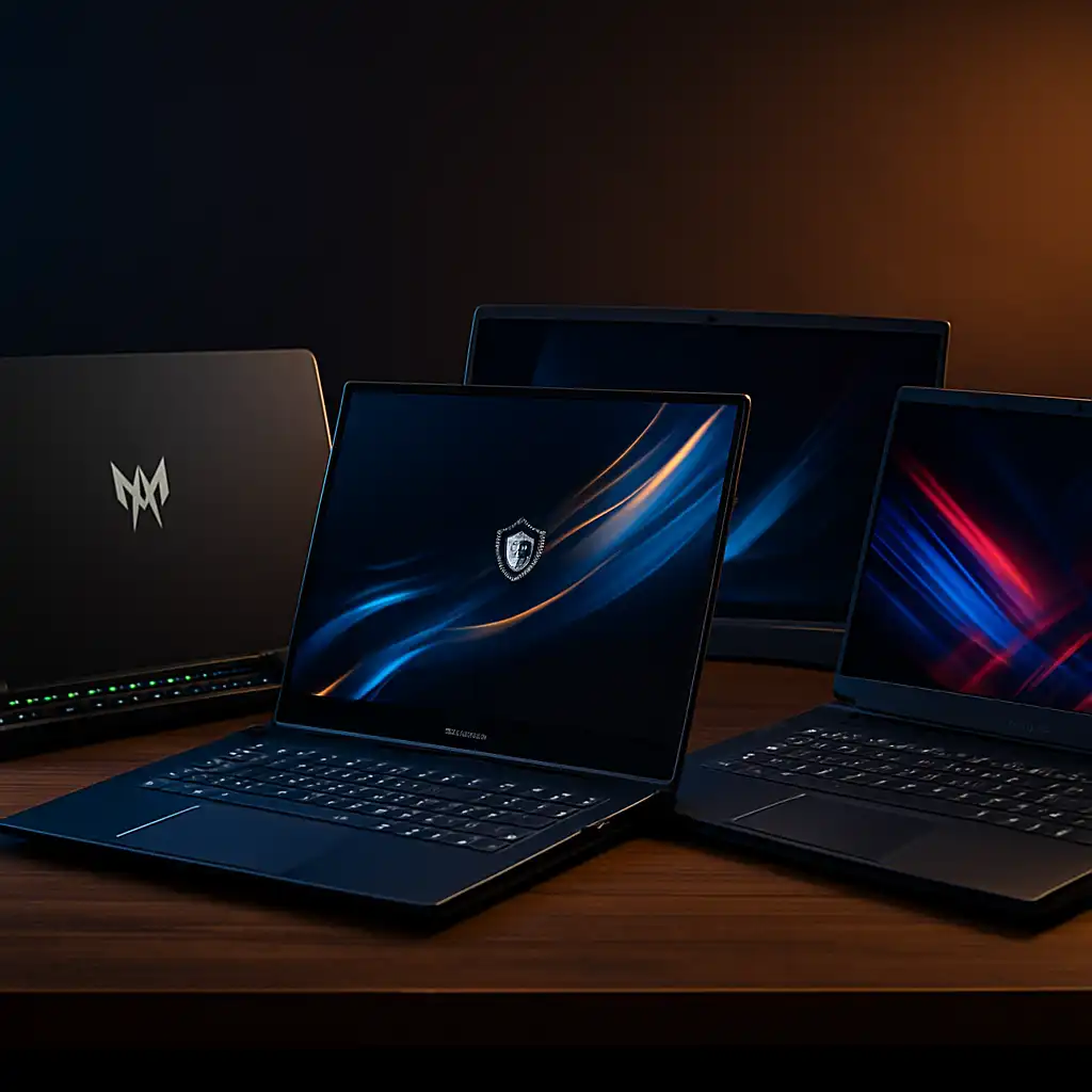 Three high-end gaming laptops displayed side by side on a dark desk, each showcasing vibrant RGB lighting and powerful cooling systems.