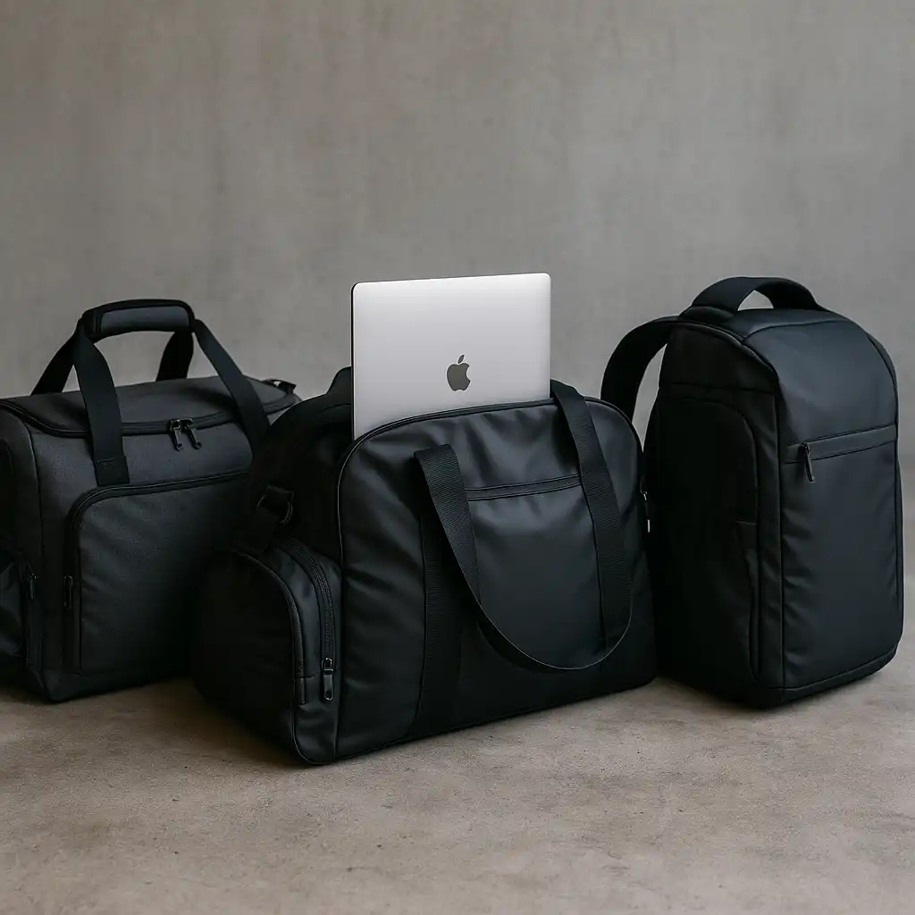 Duffel bags in a modern setting, each featuring dedicated laptop compartments, shoes stored separately, and gym accessories like towels and bottles placed nearby.