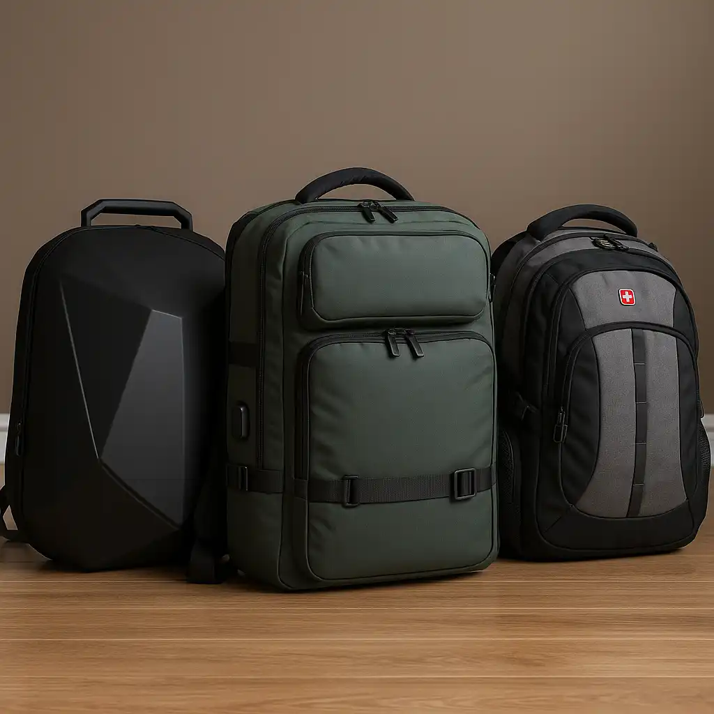 Three stylish laptop backpacks in different designs and colors placed on a minimalist concrete surface, showcasing their compartments and ergonomic features for everyday use.