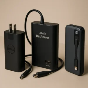 Three portable laptop chargers with sleek, compact designs placed on a desk, surrounded by a Dell laptop and travel accessories under warm lighting.