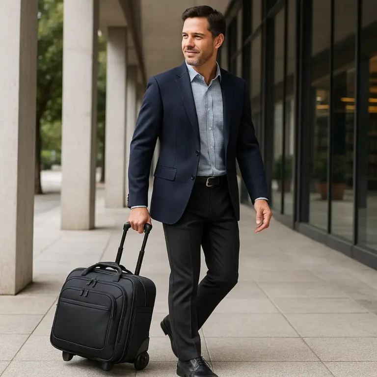 A photograph of a middle-aged man walking through an airport terminal with a stylish rolling laptop bag.