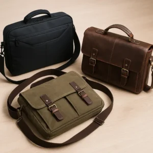 A digital photograph displays three men's laptop bags—one leather, one canvas, and one nylon—arranged neatly on a wooden bench.