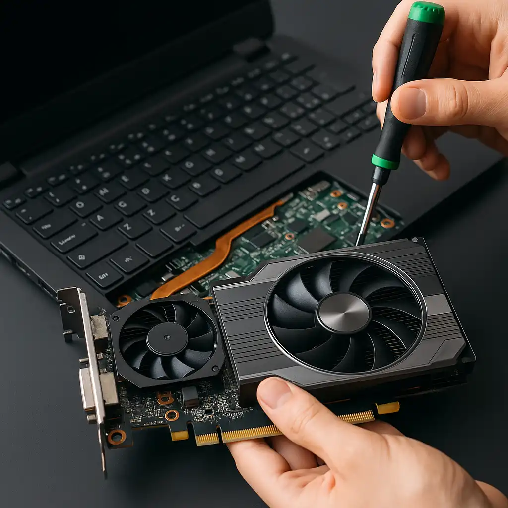 A person using a screwdriver to work on an open laptop, holding a large NVIDIA graphics card above the exposed motherboard and cooling system.