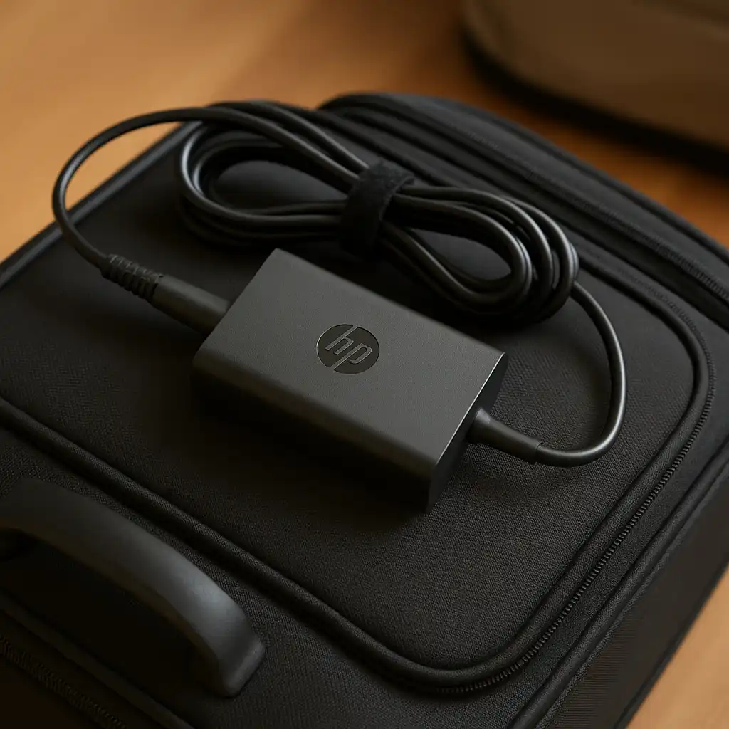 A black HP laptop charger with a coiled power cable resting neatly on top of a black travel suitcase, placed on a wooden floor in soft natural lighting.