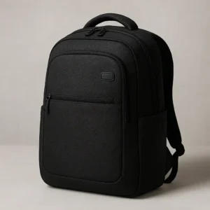 A black Case Logic backpack standing upright on a wooden surface with soft lighting, highlighting its sleek design and structured form.