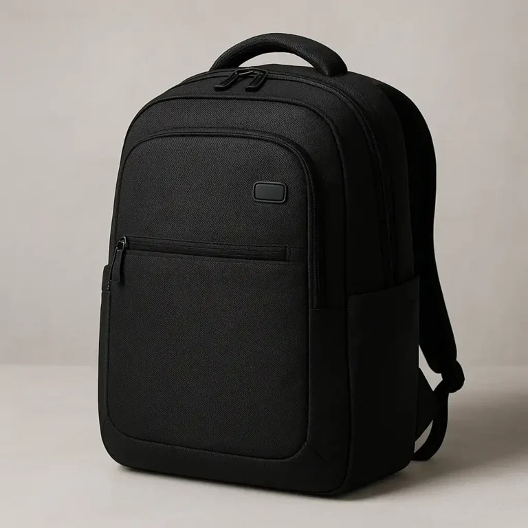 A black Case Logic backpack standing upright on a wooden surface with soft lighting, highlighting its sleek design and structured form.