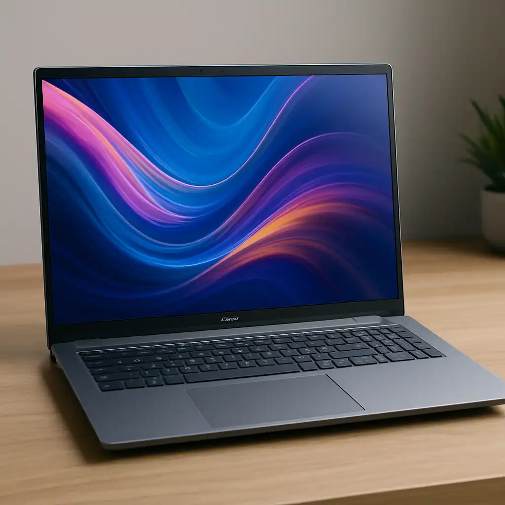 A sleek Dell Inspiron 16 Plus 7630 laptop placed on a modern wooden desk with natural lighting.