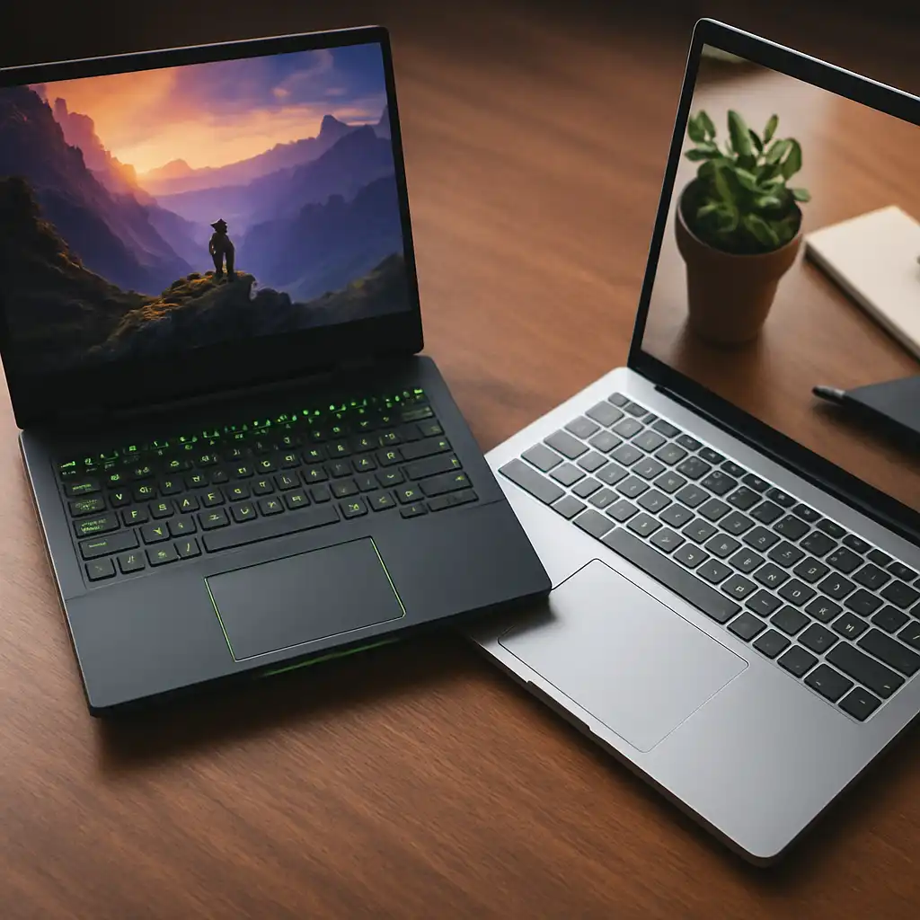 Two laptops side by side on a desk, one with RGB lighting and the other with a minimalist design, highlighting the contrast between a gaming laptop and a regular laptop.