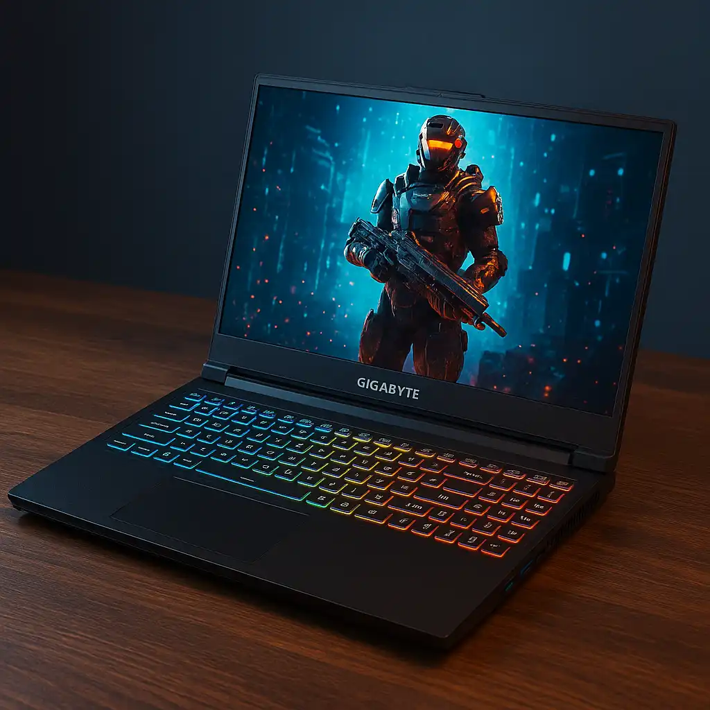 A GIGABYTE G5 KF5 gaming laptop on a desk with a vibrant screen, illuminated keyboard, and modern setup highlighting its performance design.