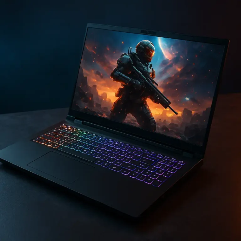 A gaming laptop placed on a desk with a colorful RGB backlit keyboard and a vivid display, showcasing the sleek design of the GIGABYTE G6 KF.