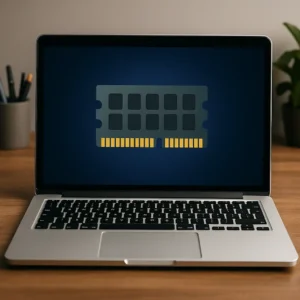 A digital photograph captures a modern laptop with a RAM module icon displayed on its screen, placed on a wooden desk with a pencil holder and a small potted plant in the background.