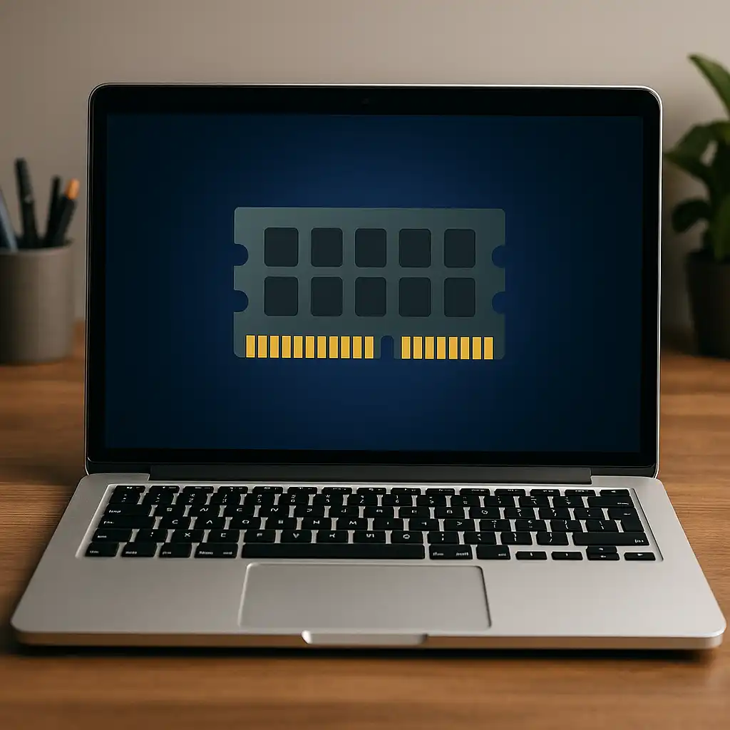 A digital photograph captures a modern laptop with a RAM module icon displayed on its screen, placed on a wooden desk with a pencil holder and a small potted plant in the background.