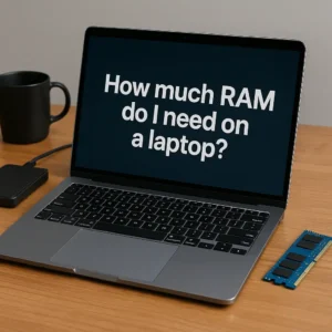 A modern laptop on a wooden desk next to a RAM module and coffee mug, symbolizing how much RAM is needed on a laptop.