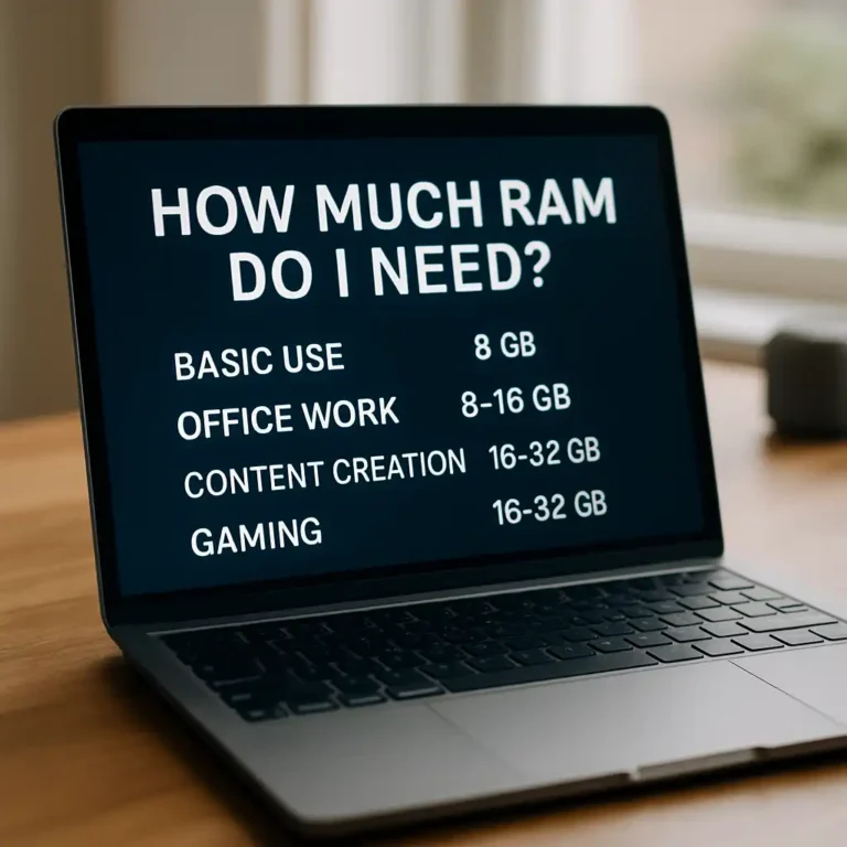 A modern laptop placed on a wooden desk with its screen displaying a system performance dashboard, symbolizing RAM usage and multitasking capability.