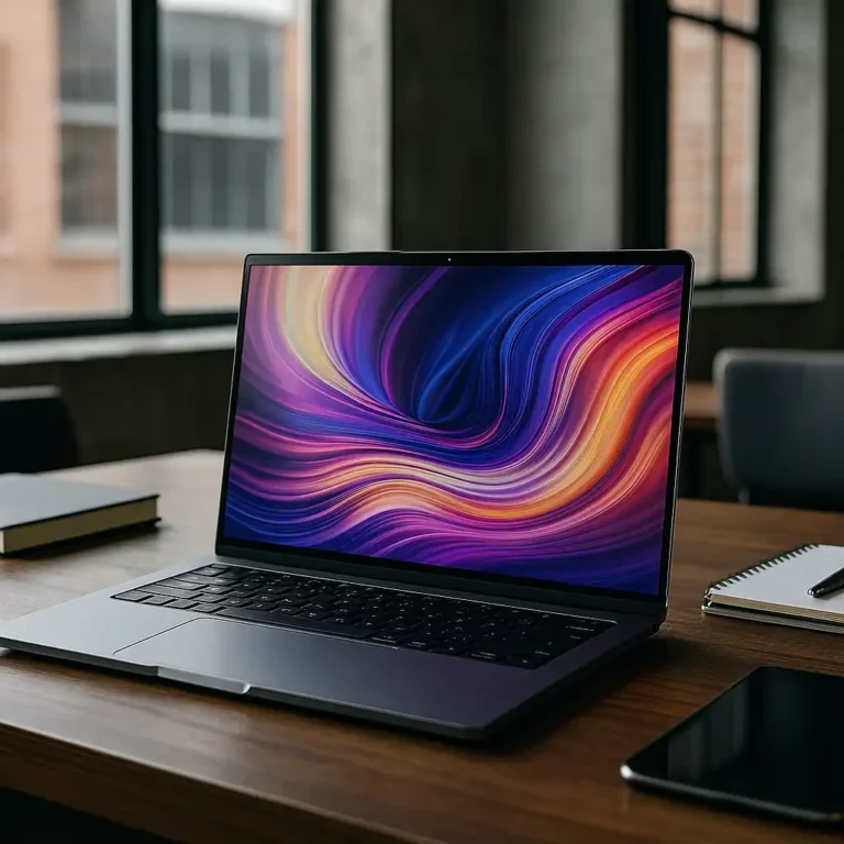 A modern laptop with a vibrant abstract display sits on a wooden desk in a sunlit industrial-style room, surrounded by a notebook, tablet, and window views.