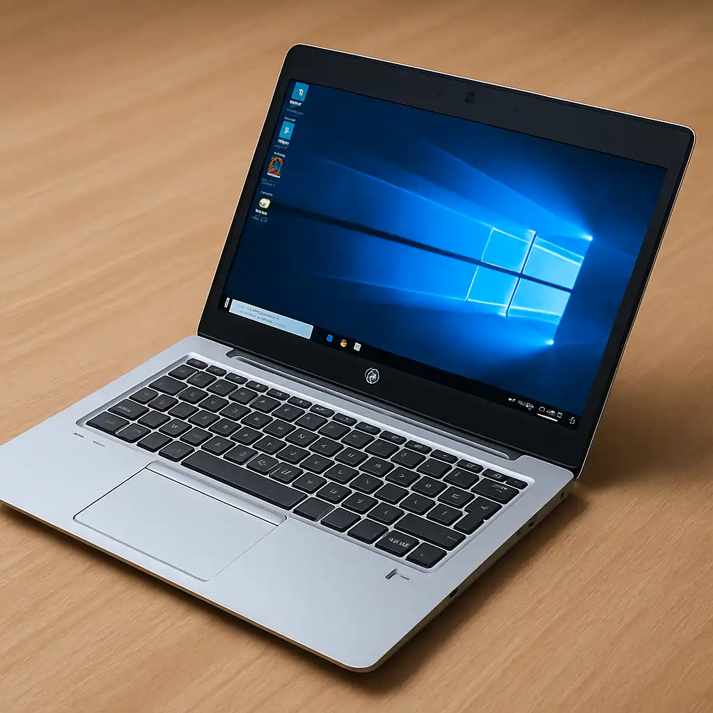 An HP EliteBook 840 G5 laptop open on a modern wooden desk, displaying a vibrant screen, with soft lighting and a blurred office background.