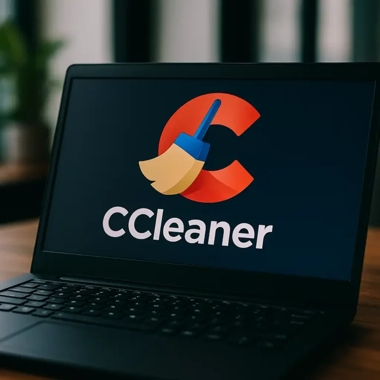A screen of a modern laptop displaying a system cleaner interface, surrounded by a minimal and organized workspace.