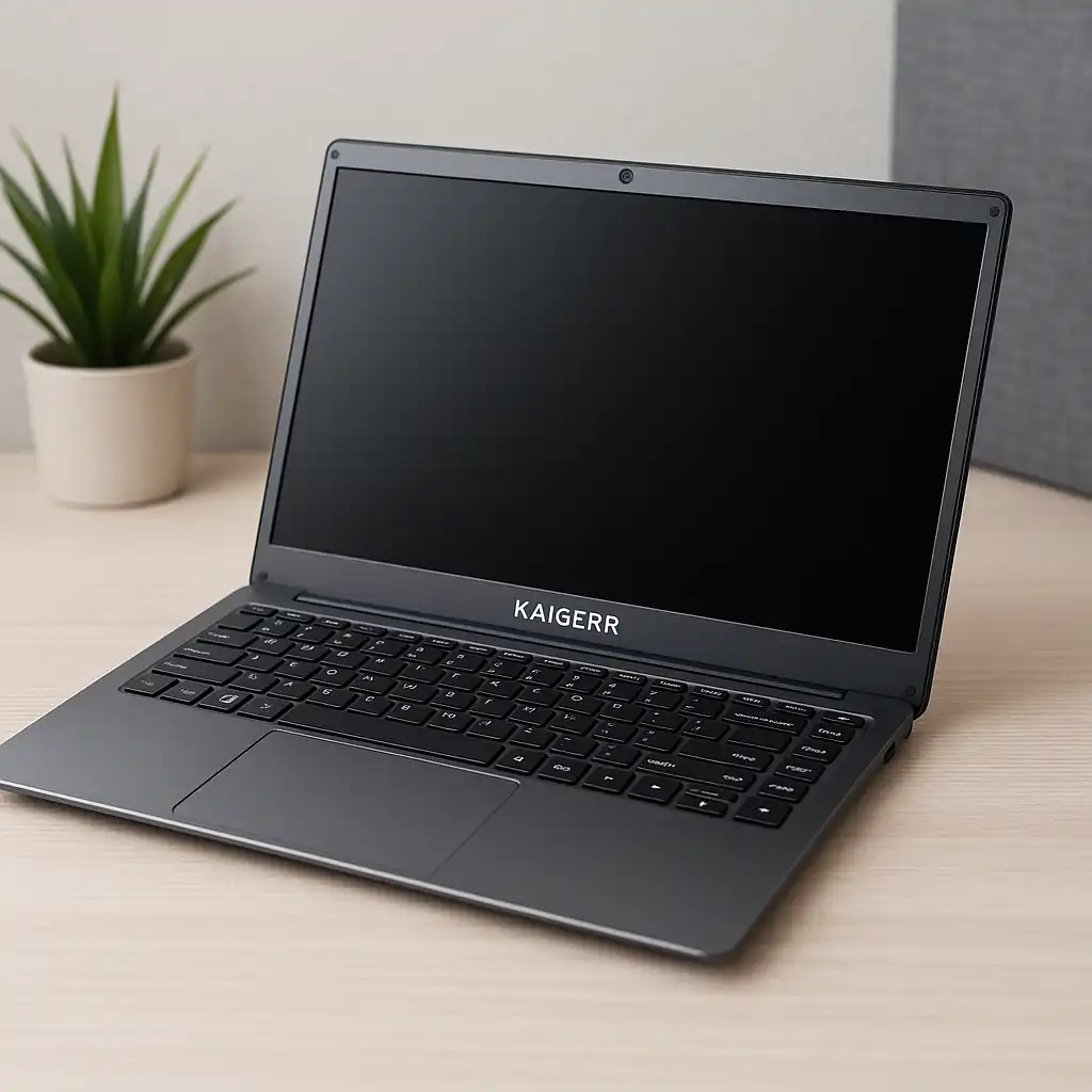 A digital photograph features a modern Kaigerr laptop open on a sleek desk, with a clean user interface displayed on screen, set against a softly lit workspace.