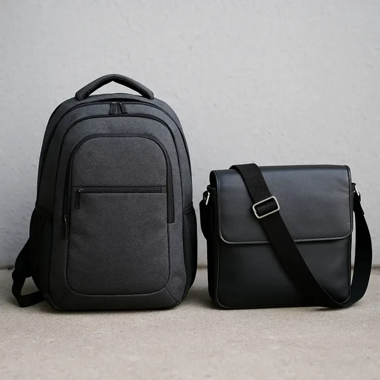 A laptop backpack and a shoulder bag placed side by side on a wooden bench in a park setting, highlighting their design and size differences.