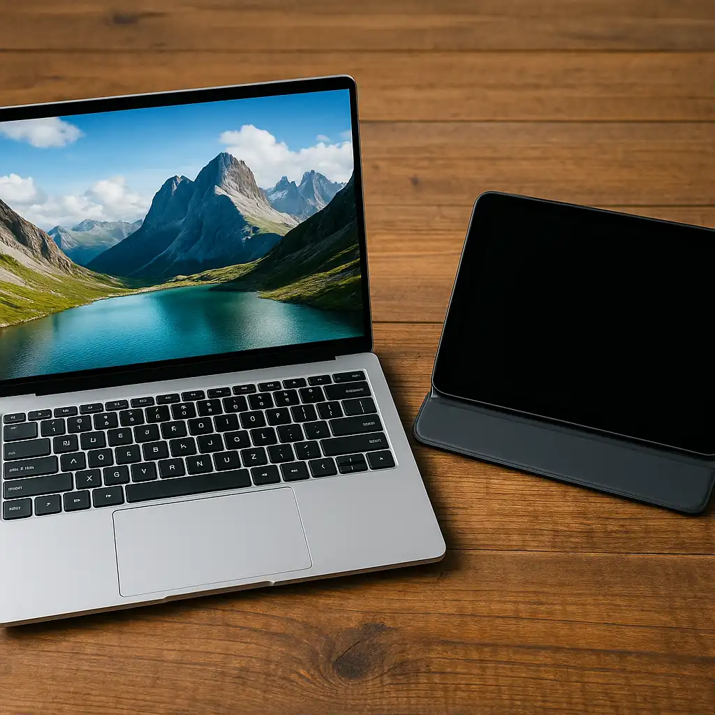 A photograph showcases a silver laptop and a black tablet placed side by side on a wooden travel desk, with natural sunlight streaming in from a nearby window and travel accessories like a passport and headphones surrounding them.