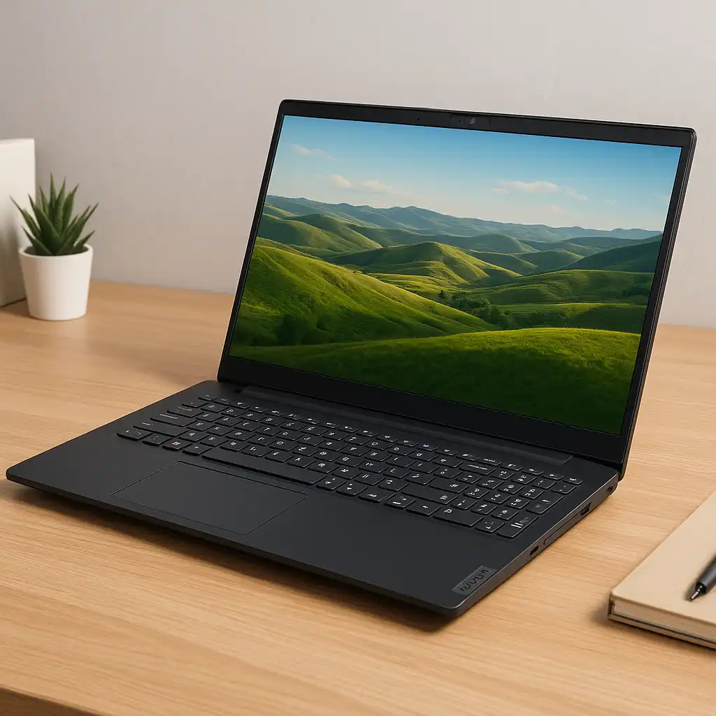 Lenovo V15 G2 laptop open on a modern desk, showcasing its 15.6-inch FHD display and sleek black design.