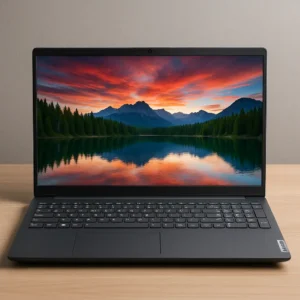 Lenovo V15 G3 business laptop open on a wooden desk beside a notebook and pen, showcasing its sleek 15.6-inch FHD display and professional design.