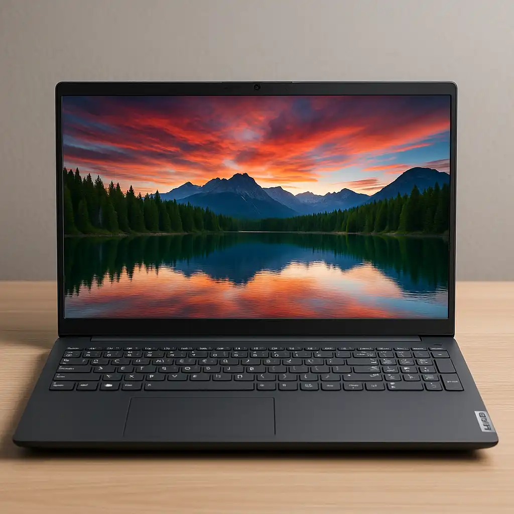 Lenovo V15 G3 business laptop open on a wooden desk beside a notebook and pen, showcasing its sleek 15.6-inch FHD display and professional design.