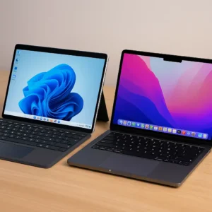 Microsoft Surface Pro 9 and MacBook Pro M2 side by side on a wooden desk, surrounded by modern tech accessories like a wireless mouse, stylus, and notebook, with soft natural lighting enhancing their sleek and professional design.