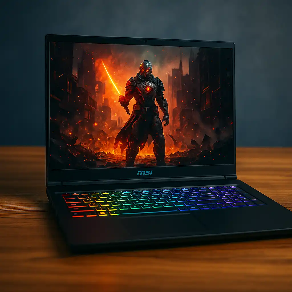 MSI gaming laptop on a modern desk setup with RGB backlit keyboard glowing, open display showing a vivid game scene, surrounded by sleek gaming accessories.