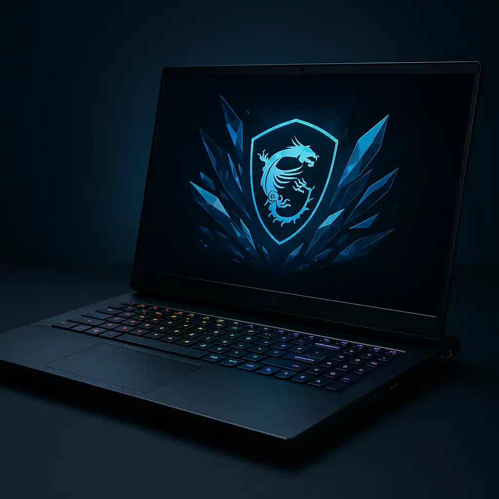 A sleek MSI gaming laptop with a glowing RGB keyboard and a futuristic dragon emblem on its QHD+ display, set against a dark background with moody lighting.