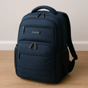 A photograph showcases a navy-blue Samsonite laptop backpack resting on a wooden bench, with a laptop partially visible inside the padded compartment.