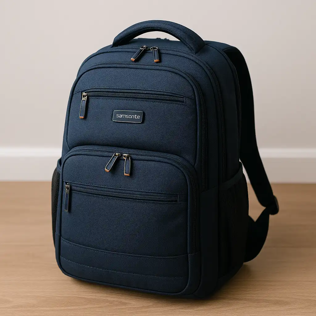 A photograph showcases a navy-blue Samsonite laptop backpack resting on a wooden bench, with a laptop partially visible inside the padded compartment.