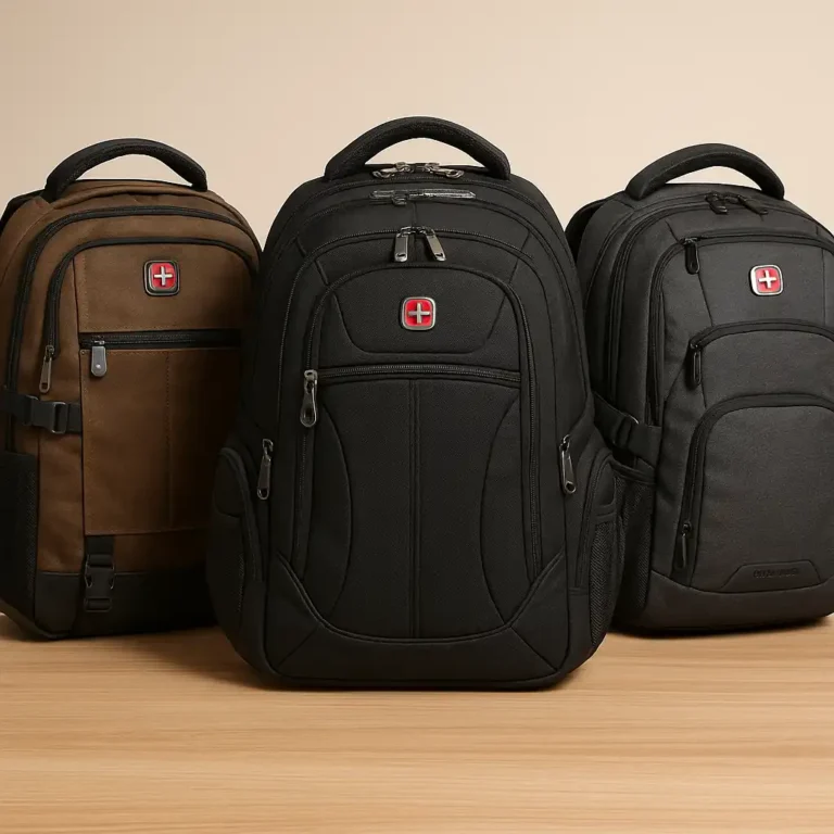 Three SwissGear laptop backpacks displayed side by side on a concrete bench, each with distinct styles and compartments, set against a modern urban background.