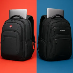 Two business-oriented laptop backpacks—one SwissGear and one Samsonite—placed side by side on a wooden bench, highlighting their distinct designs and build quality.