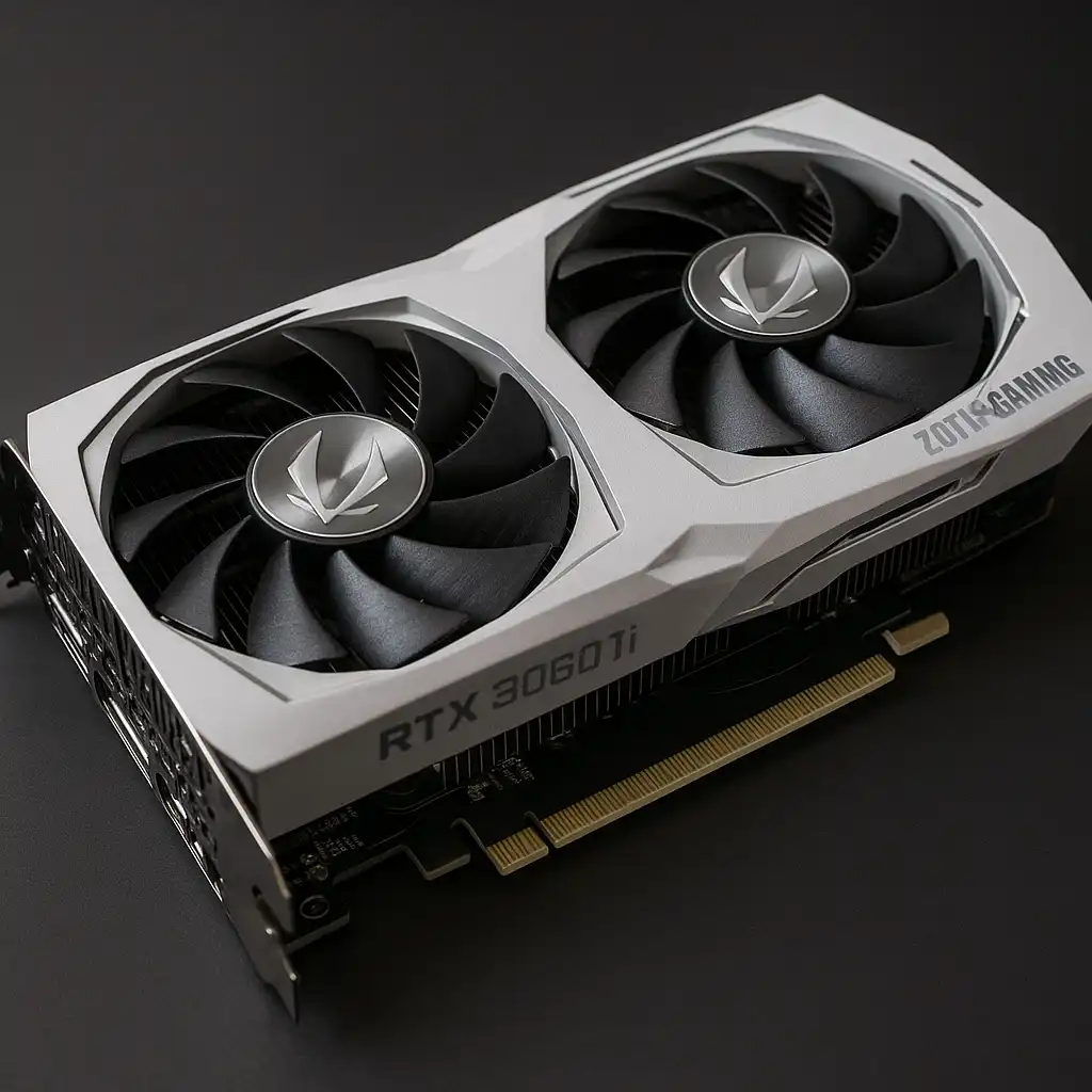 A Zotac gaming graphics card installed in a high-performance PC build, with glowing accents and visible cooling components.