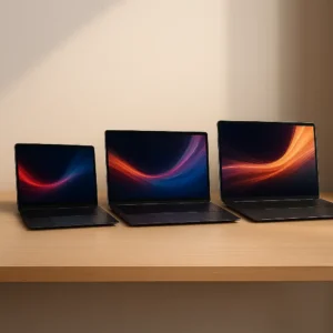 Three modern ASUS laptops in 13-inch, 14-inch, and 15-inch sizes displayed side by side on a wooden surface, each with vivid OLED screens showing colorful abstract waves.