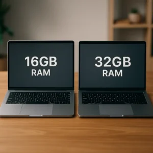 A high-resolution digital photograph displays two silver laptops side by side on a wooden table, with one labeled 16GB RAM and the other 32GB RAM, both set in a bright, modern room with a blurred shelf in the background.