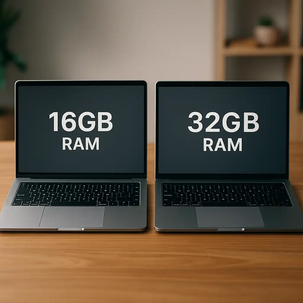 A high-resolution digital photograph displays two silver laptops side by side on a wooden table, with one labeled 16GB RAM and the other 32GB RAM, both set in a bright, modern room with a blurred shelf in the background.